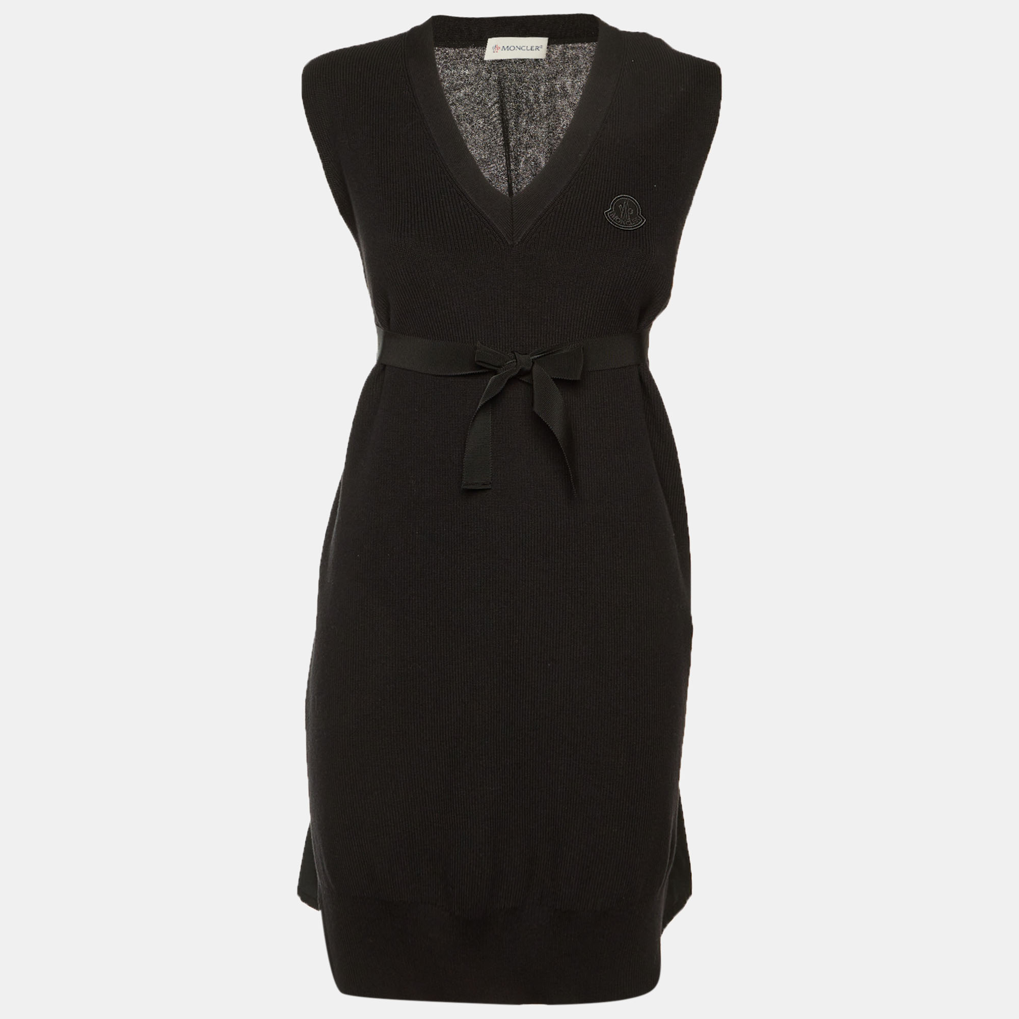 

Moncler Black Cotton & Cashmere Blend Logo Applique Sweater Mini Dress XS