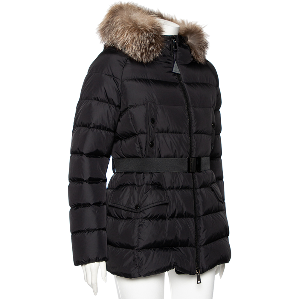 

Moncler Black Synthetic Fur Lined Hood Detail Belted Down Jacket