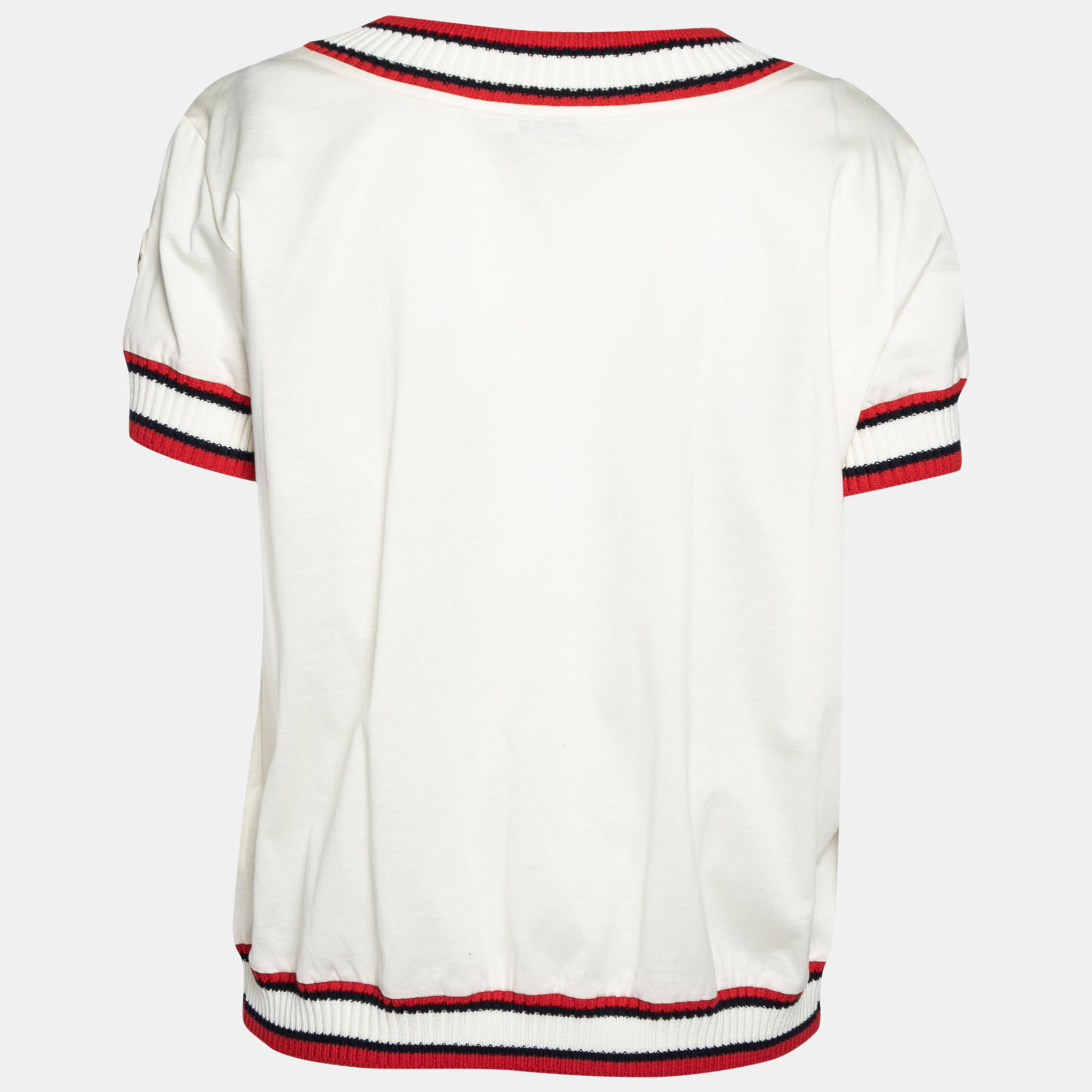 

Moncler White Cotton Ribbed Trim Detail Crew Neck Top