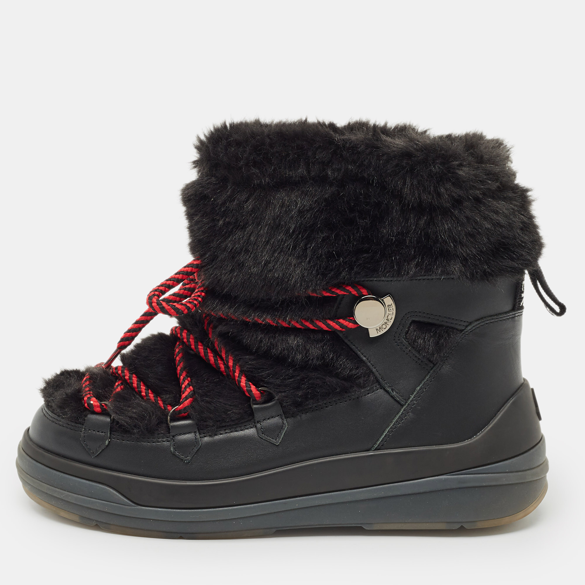Pre-owned Moncler Black Leather And Shearling Trailgrip Apres High Boots Size 38