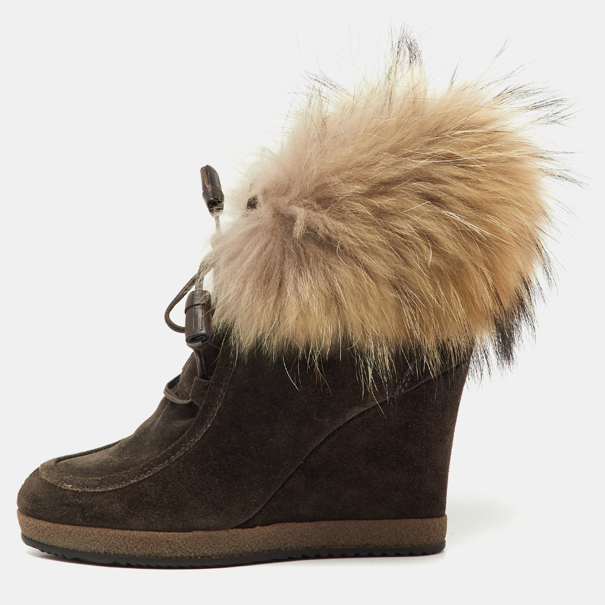 Pre-owned Moncler Brown Suede And Mink Fur Lace Up Wedge Ankle Boots Size 37