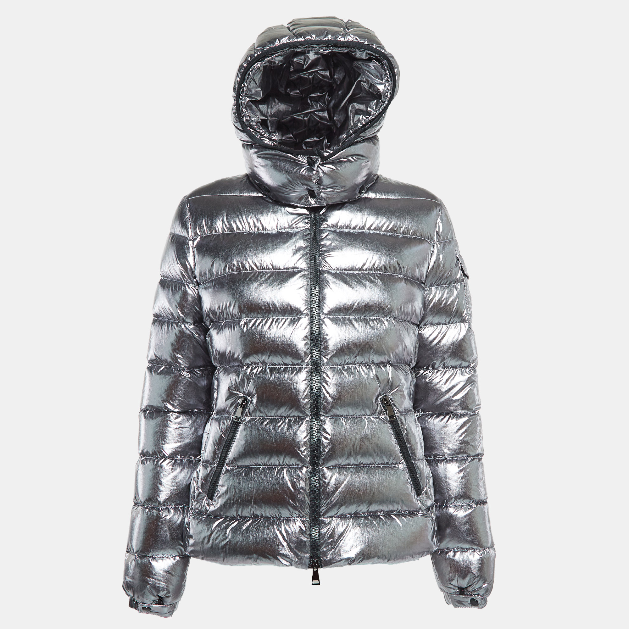 

Moncler Silver Synthetic Detachable Hood Quilted Down Jacket M