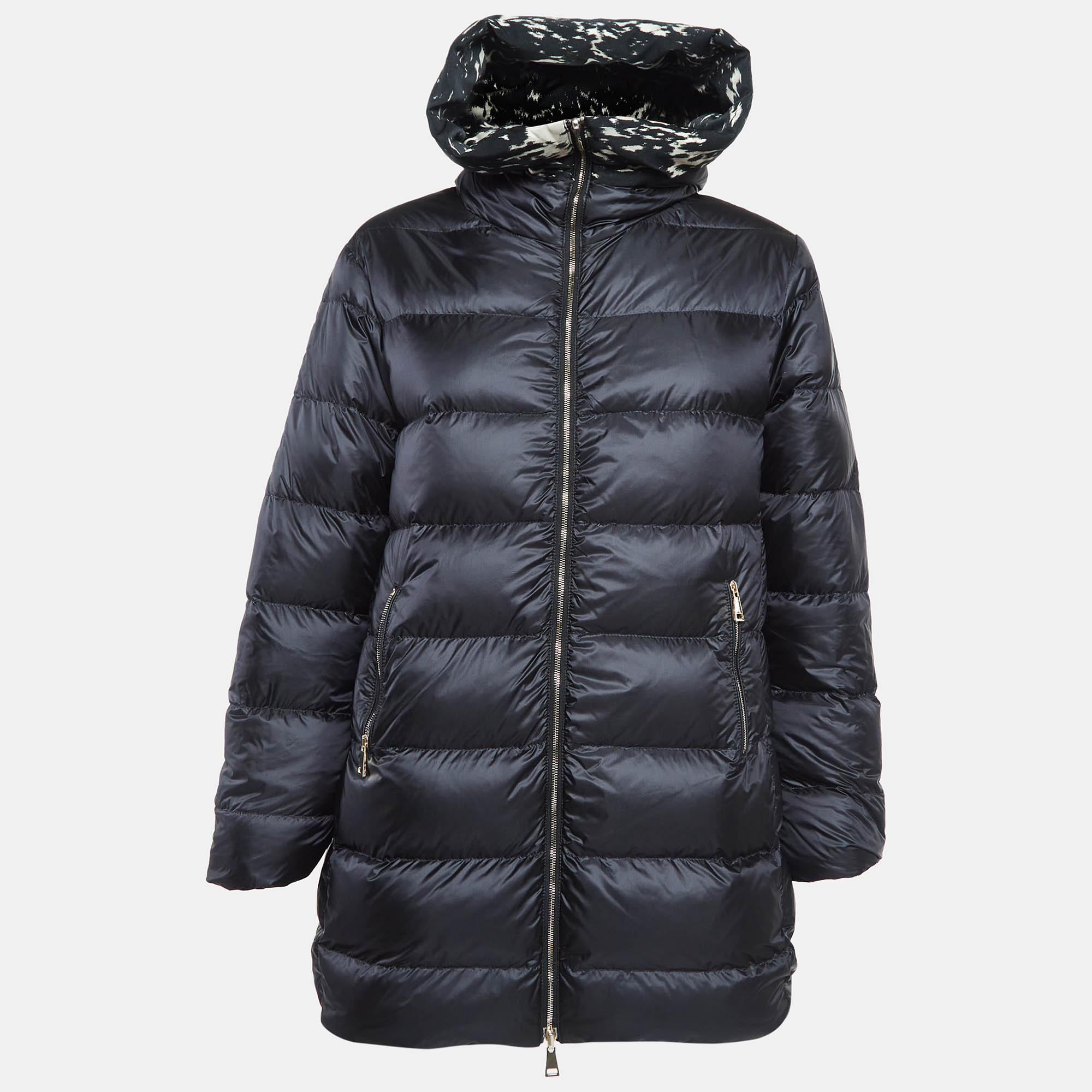 

Moncler Black Abstract Print Synthetic Reversible Quilted Coat XS