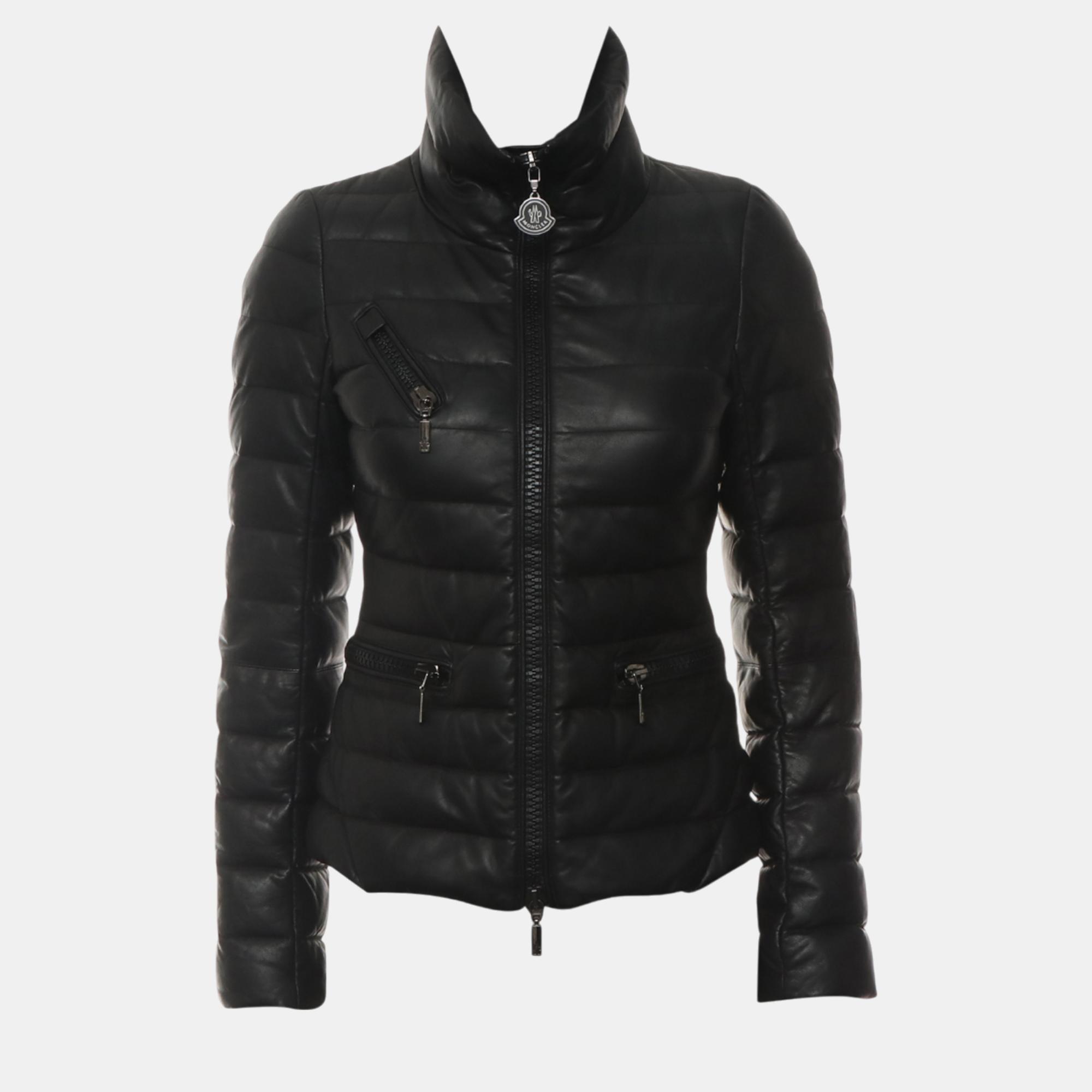 Pre-owned Moncler Leather Puffer Jacket In Black