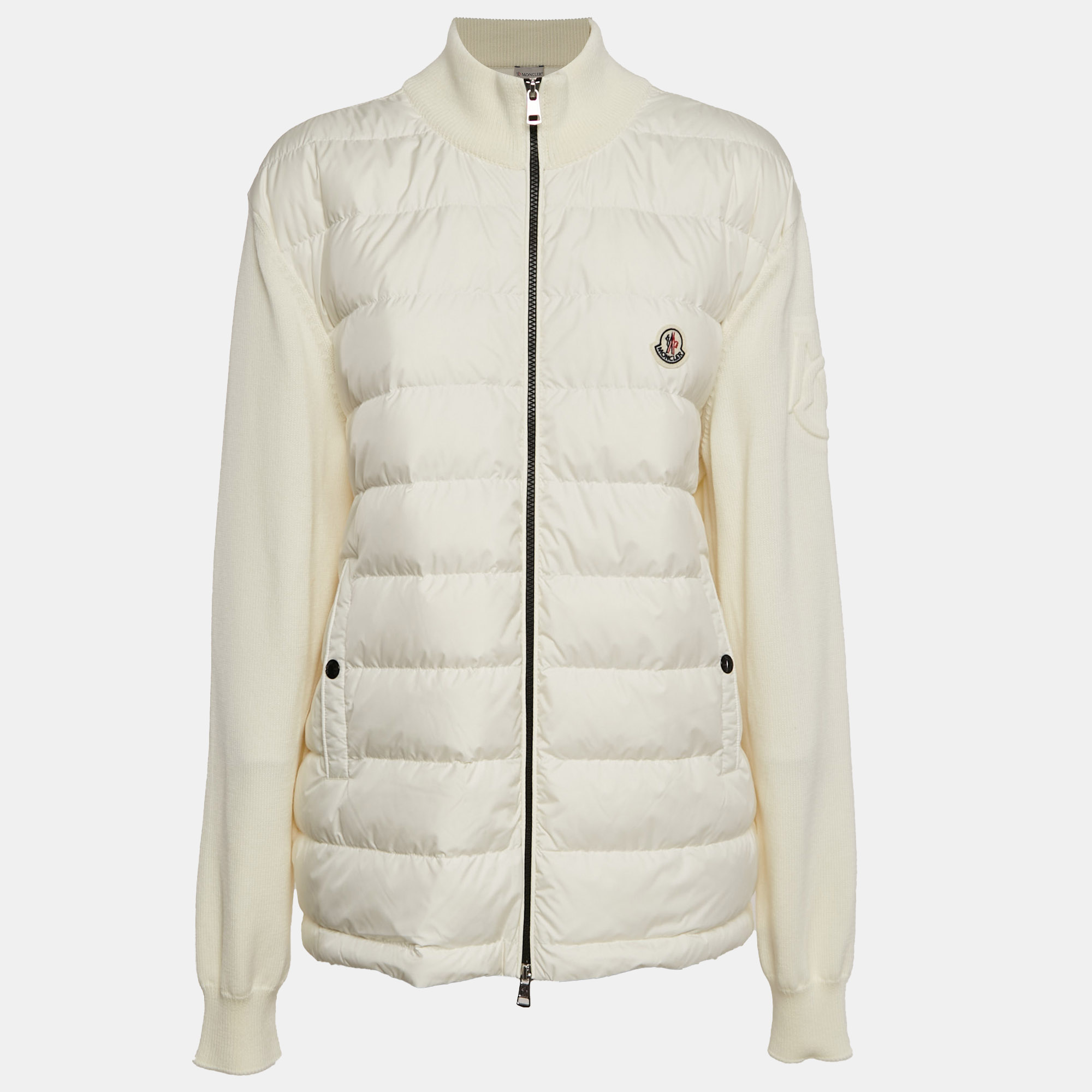 

Moncler Cream Synthetic and Knit Downs Tricot Cardigan XL