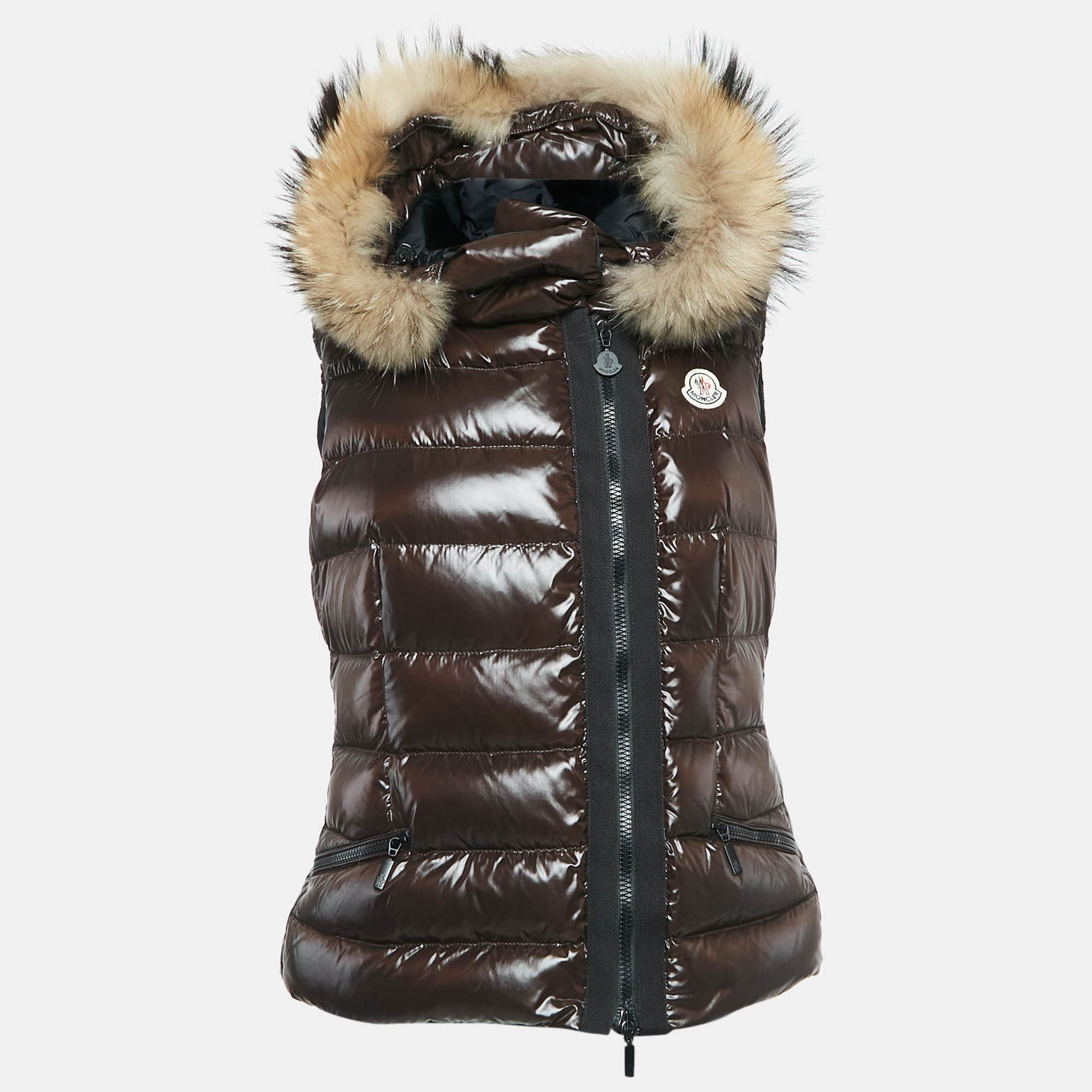 

Moncler Brown Nylon Detachable Fur Collar Quilted Down Jacket M