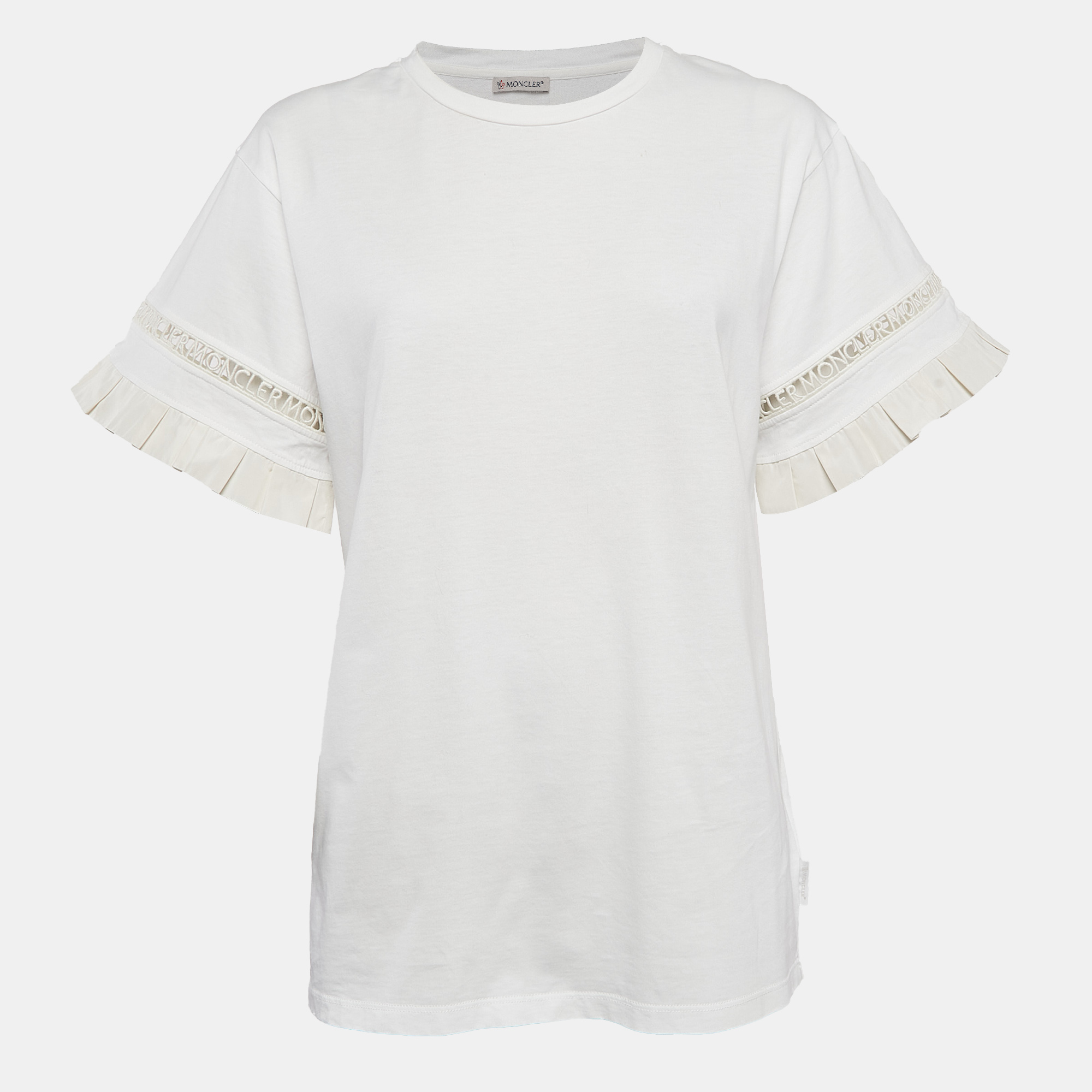 

Moncler White Cotton Flared Sleeve Logo Lace Detail T-Shirt L