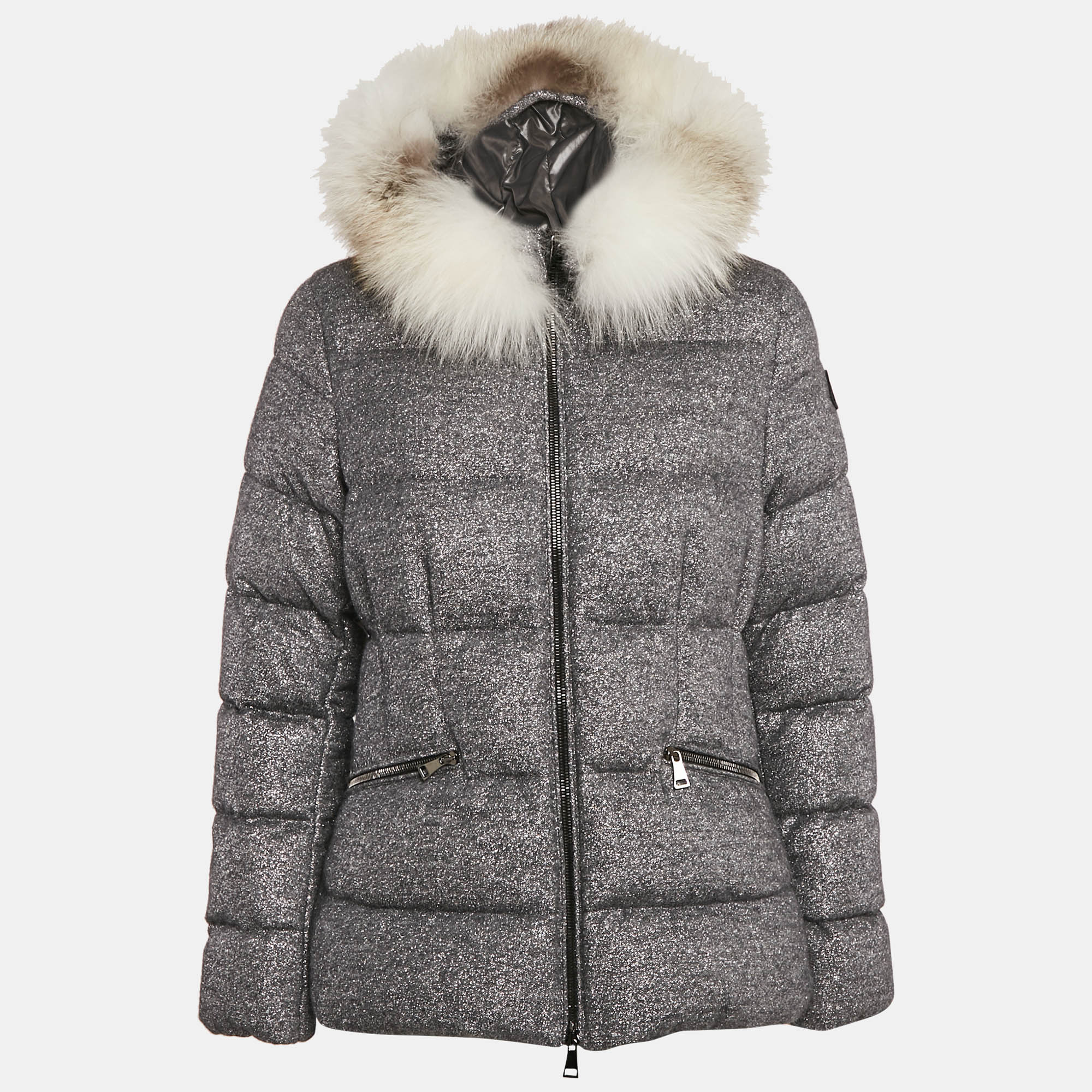 

Moncler Silver Wool Blend Detachable Fur Cardamine Giubbotto Down Jacket M