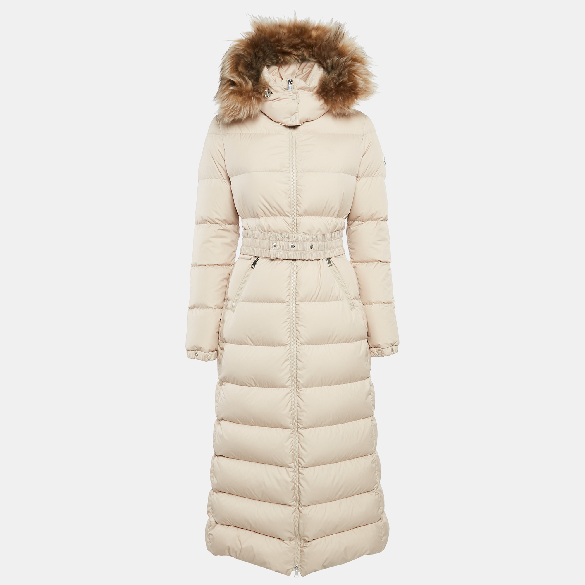 

Moncler Beige Synthetic Detachable Fur Hooded Down Puffer Long Coat XS