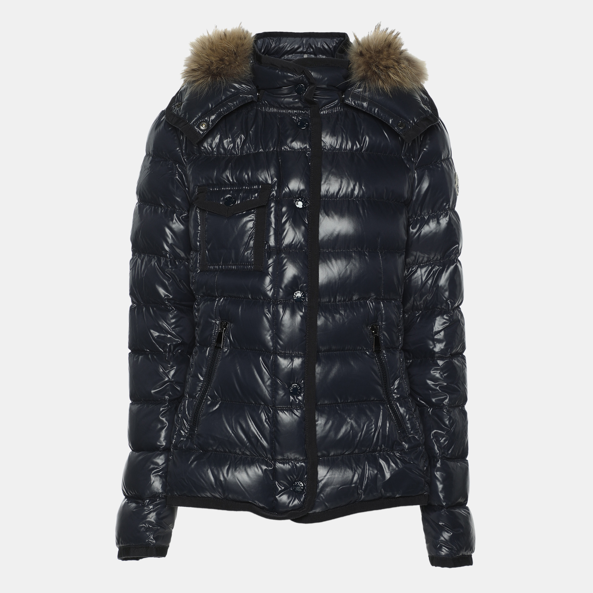 

Moncler Navy Blue Quilted Armoise Fur Lined Hooded Down Jacket S