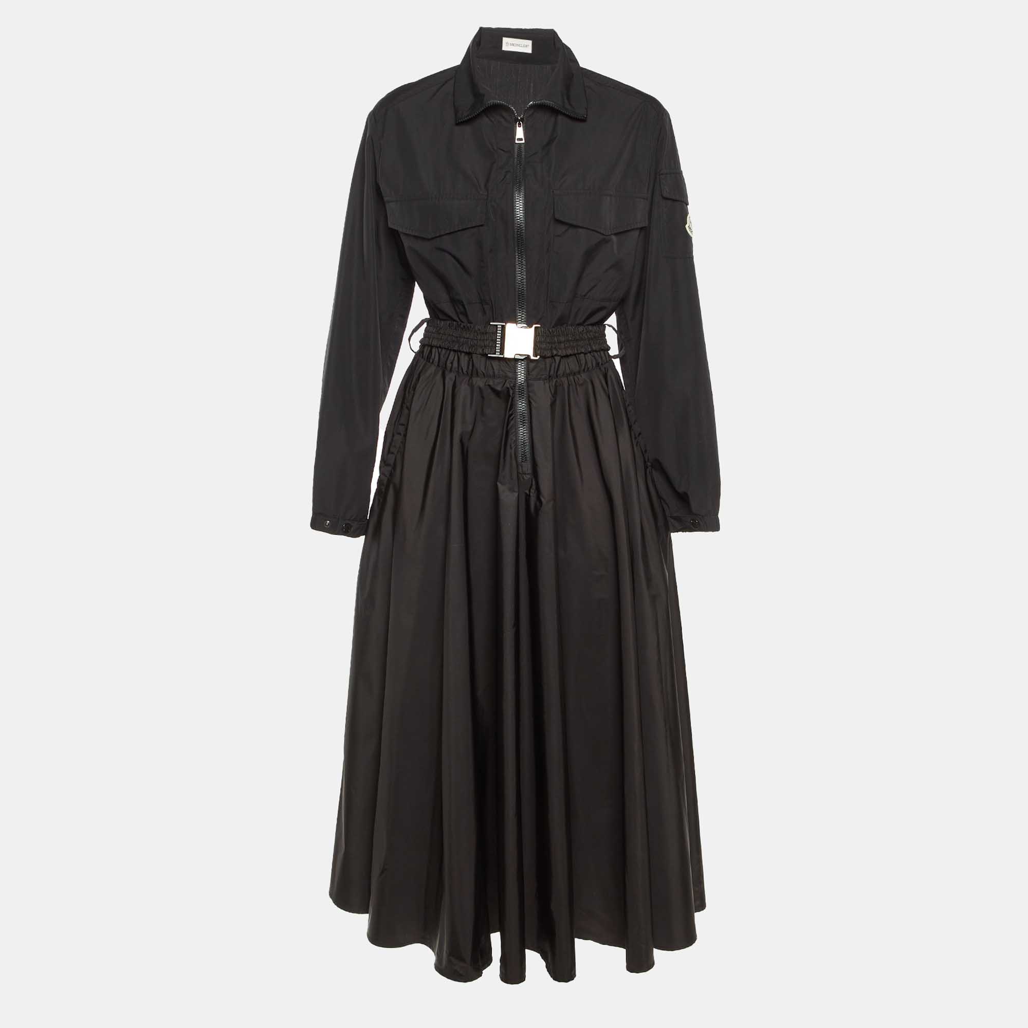 

Moncler Black Taffetta Belted Shirt Dress L