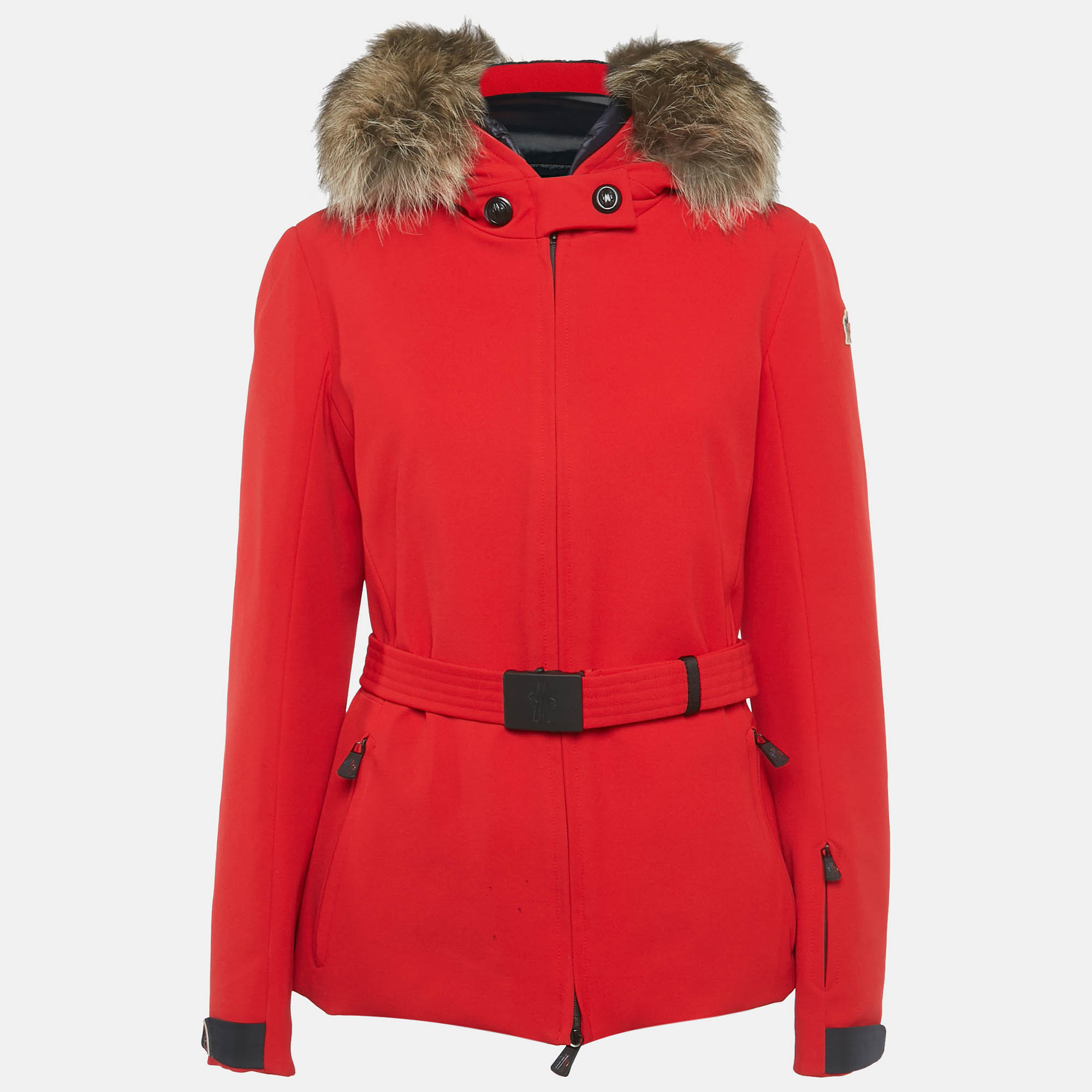 Pre-owned Moncler Red Synthetic Fur Trim Short Down Jacket Xxl
