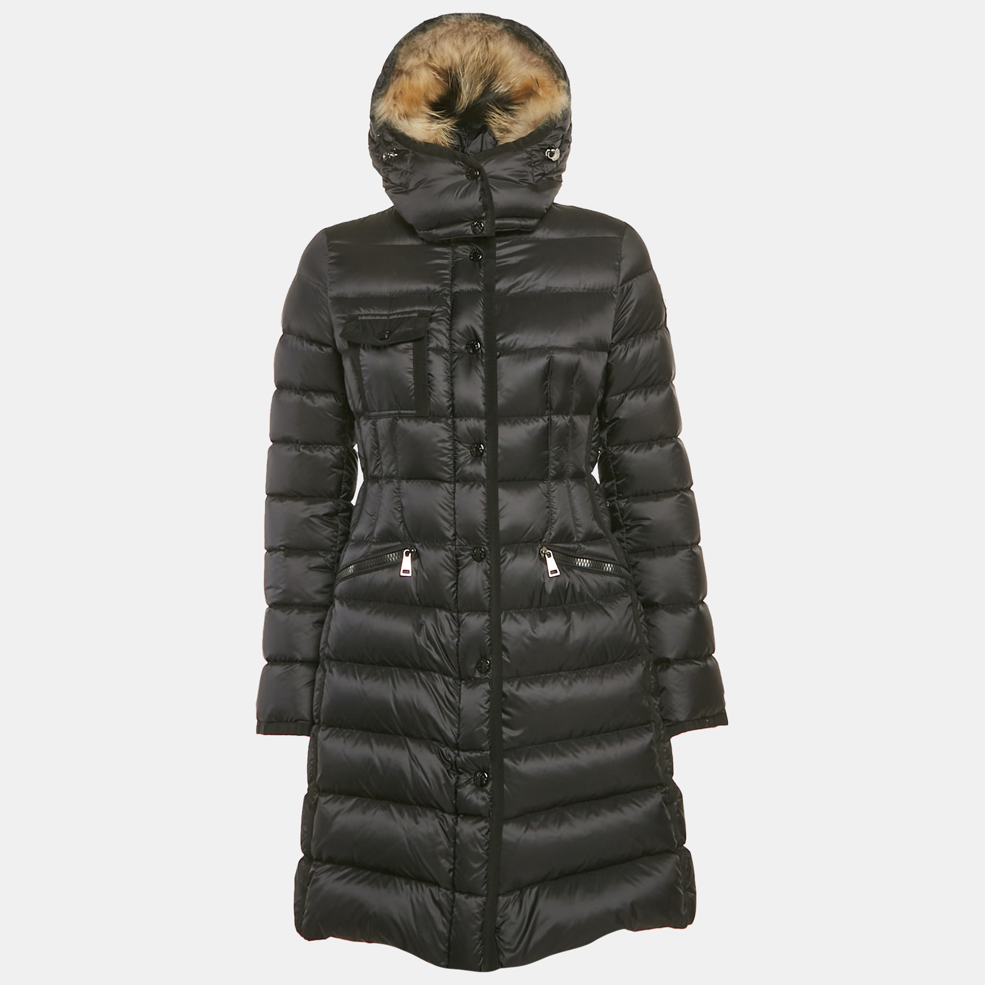 

Moncler Black Fur Trim Nylon Down Coat S