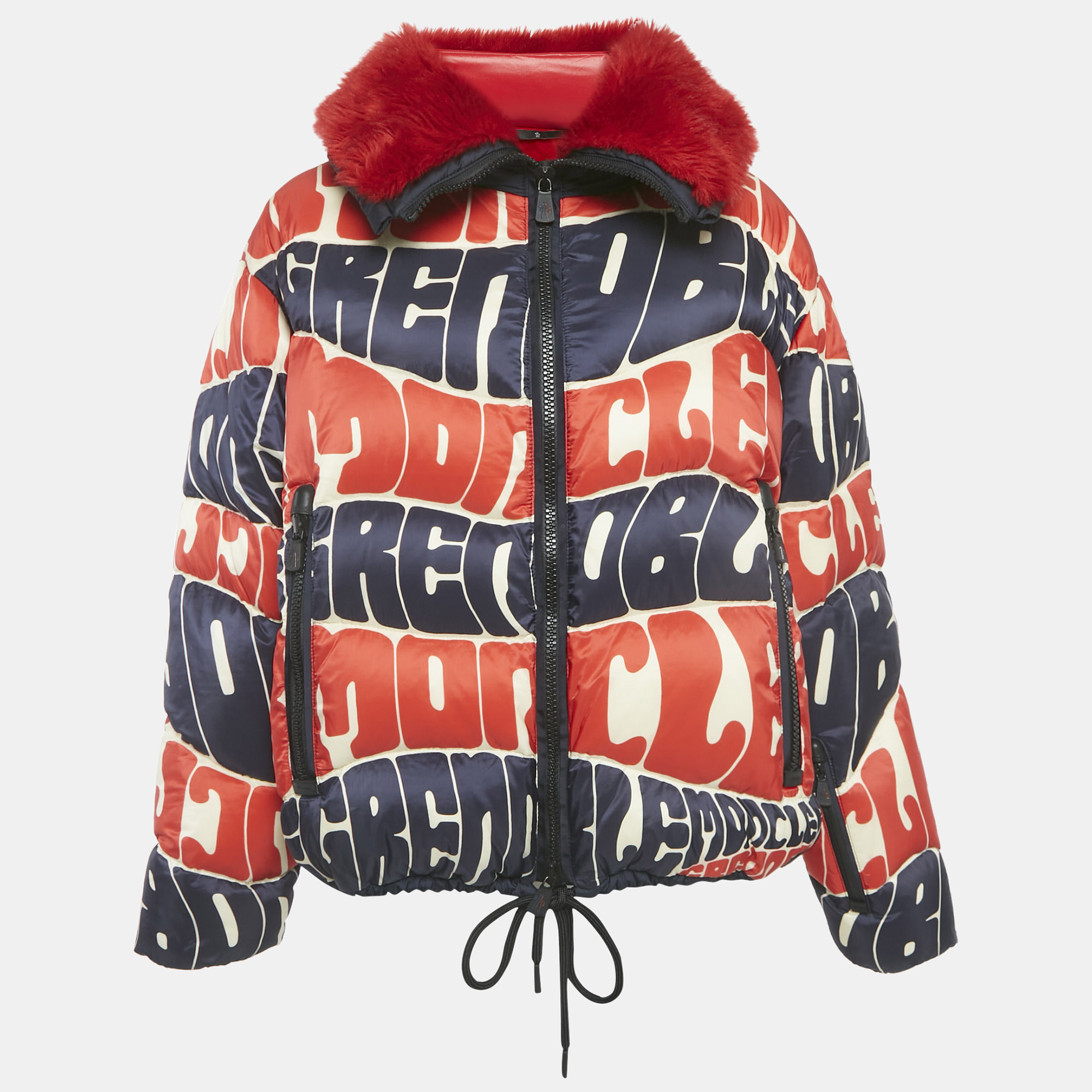 

Moncler Red/Blue Logo Print Faux Fur and Nylon Puffer Jacket L