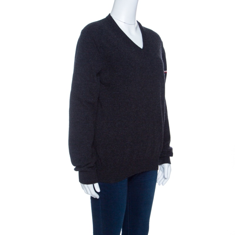 

Moncler Grey Wool Stripe Detail Ribbed Trim V-Neck Sweater
