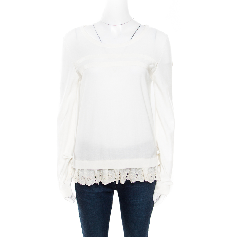Pre Owned Moncler Off White Cotton Knit Floral Lace Hem Tie Detail Sweater S