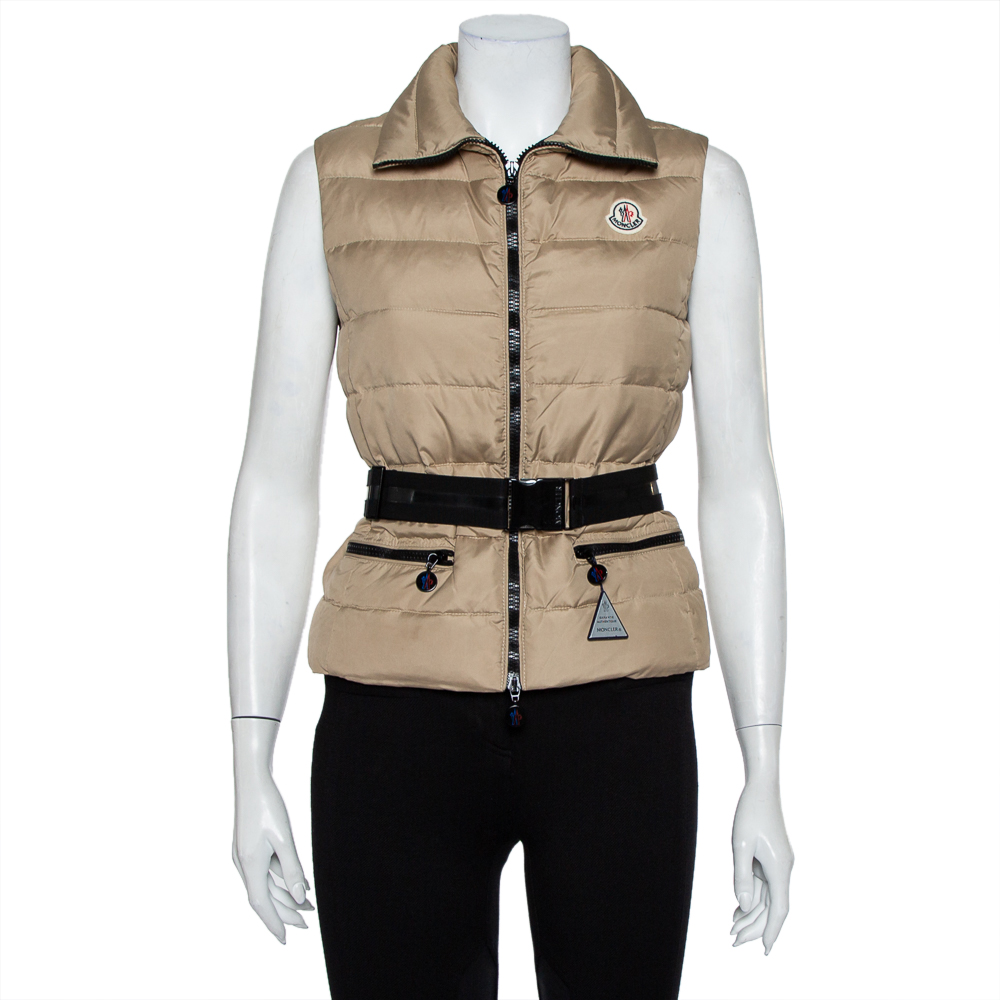 Pre-owned Moncler Beige Synthetic Padded Gaelle Vest Xs