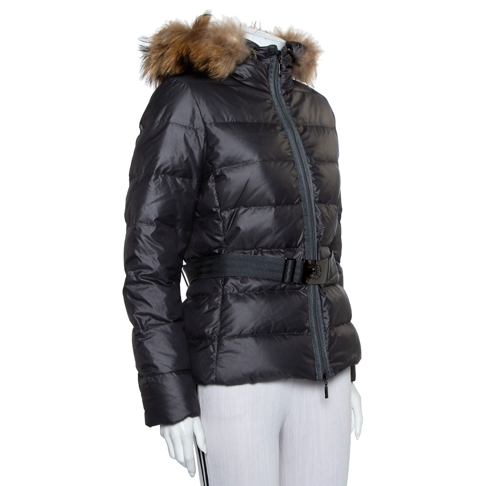 

Moncler Grey Synthetic Fur Lined Belted Hooded Puffer Jacket