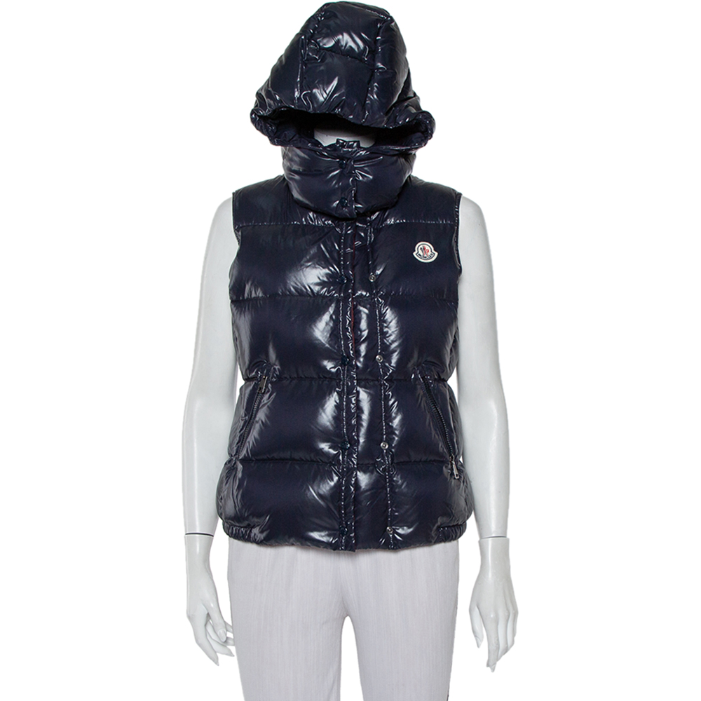 

Moncler Navy Blue Synthetic Quilted Sleeveless Hooded Galene Gilet