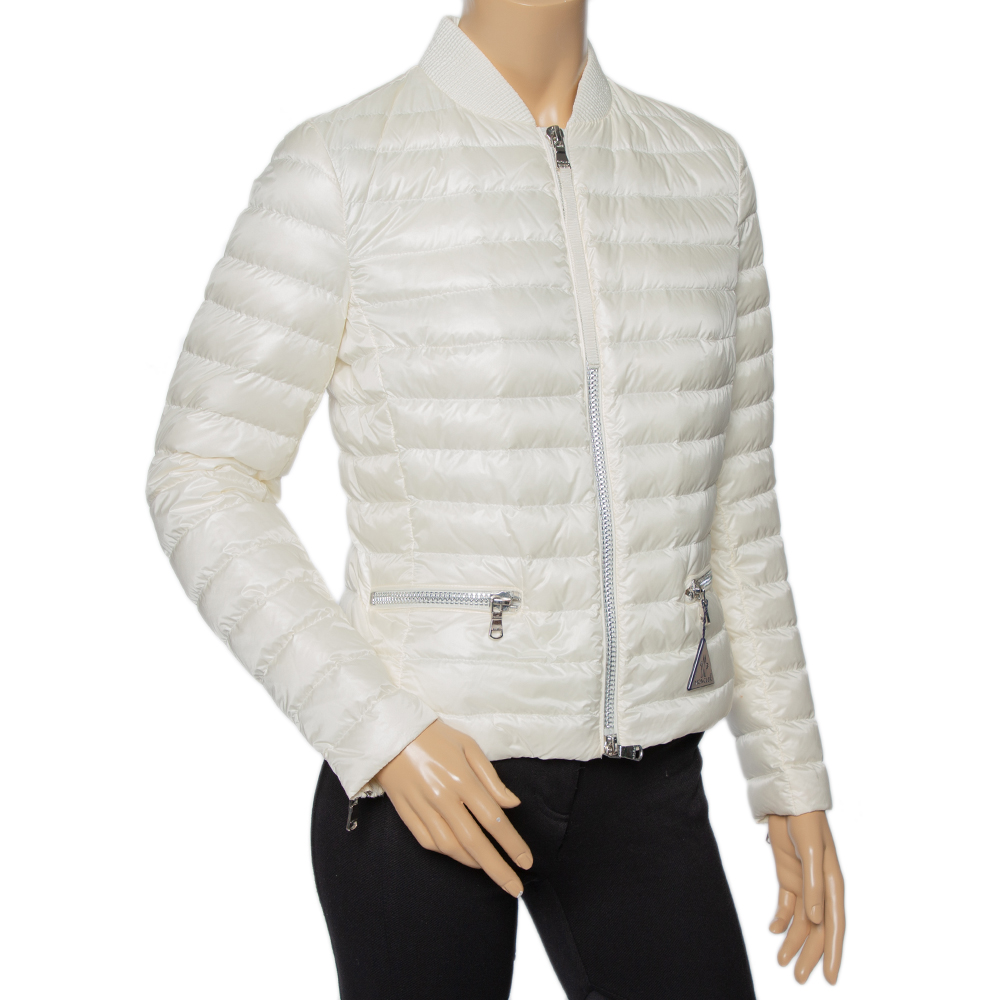 

Moncler Ivory Down Quilted Elasticized Collar Detail Zip Front Jacket, White