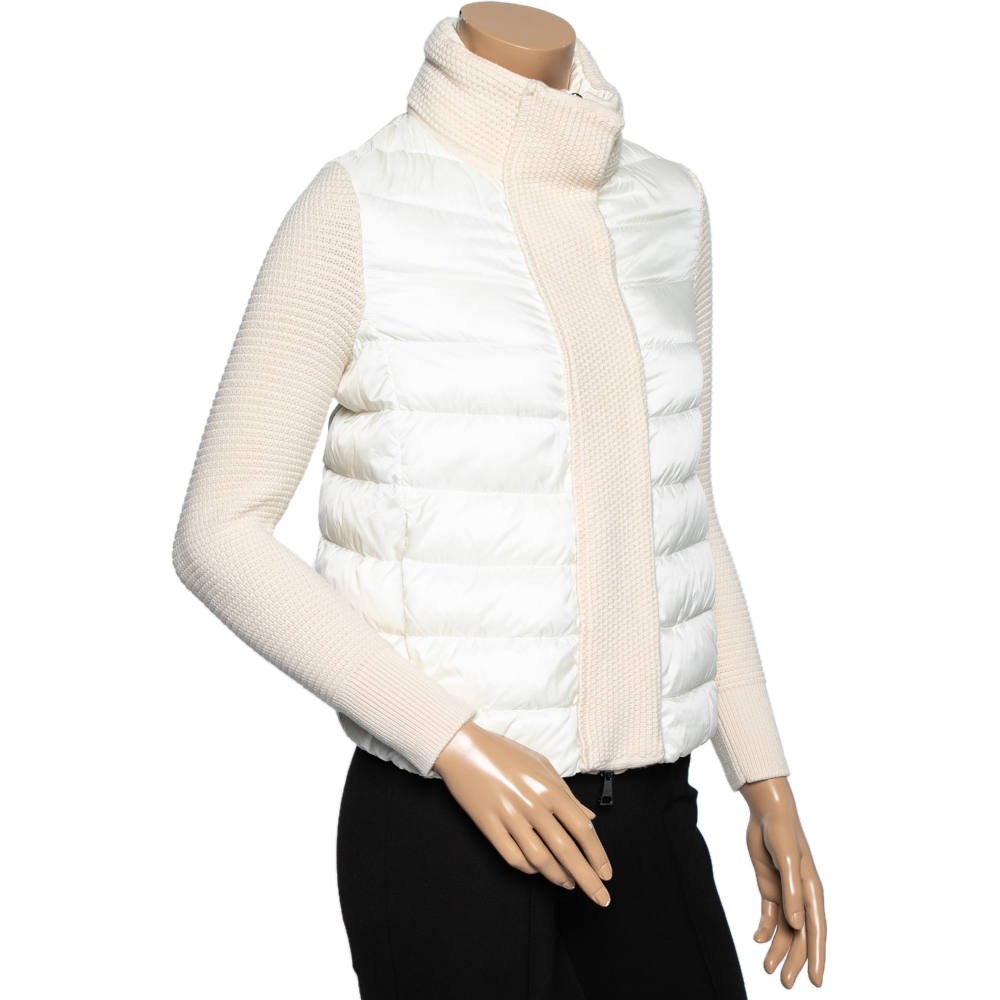 

Moncler Cream Down Quilted & Wool Knit Maglione Tricot Cardigan