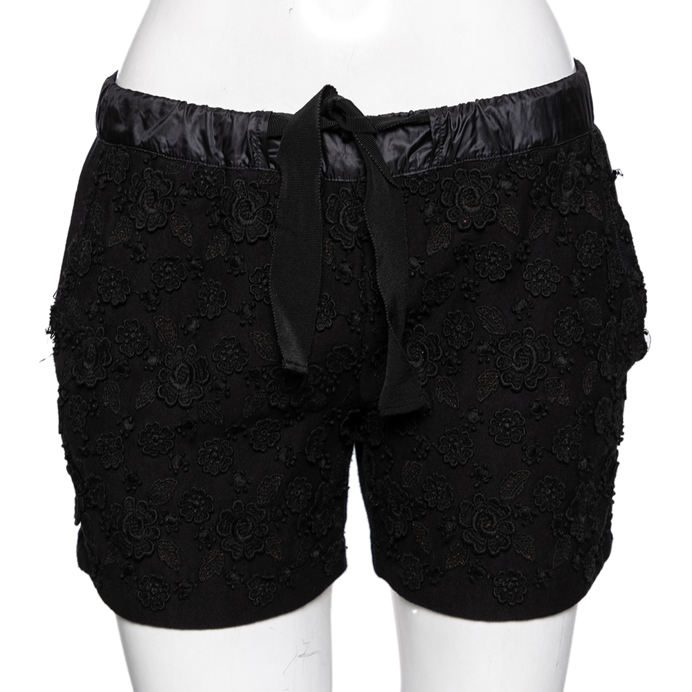 Black Cotton Floral Applique Shorts