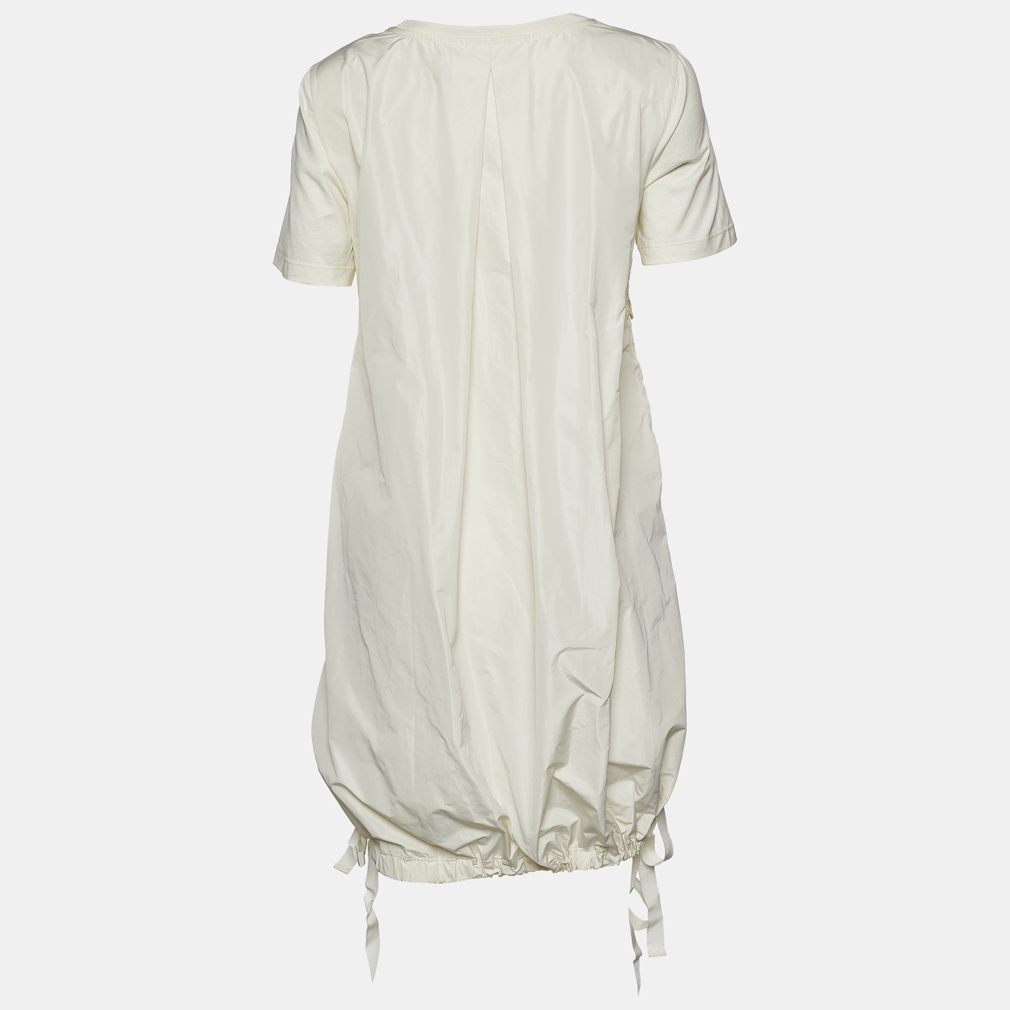 Moncler Ivory Cotton Floral Applique Detail Gathered Hem Dress S, White  - buy with discount