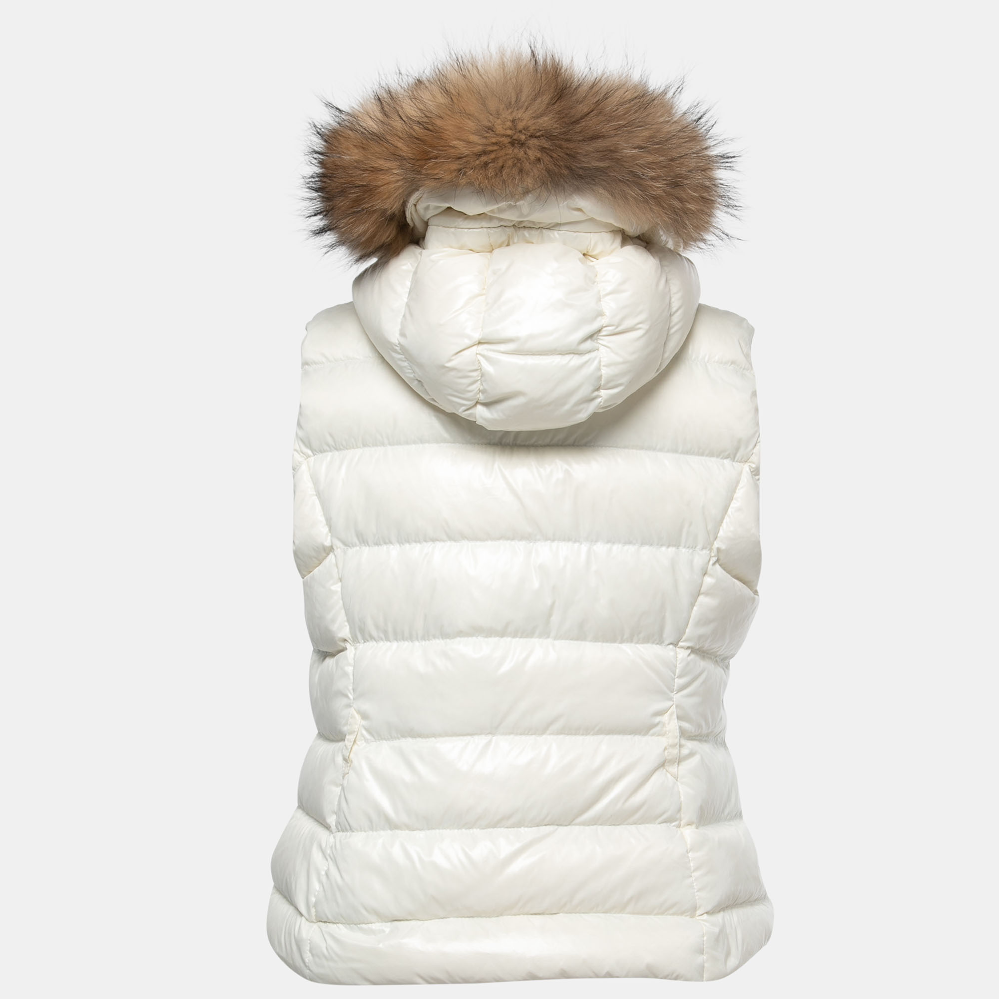 

Moncler Off White Nylon Hooded Fur Detail Sleeveless Down Jacket Vest