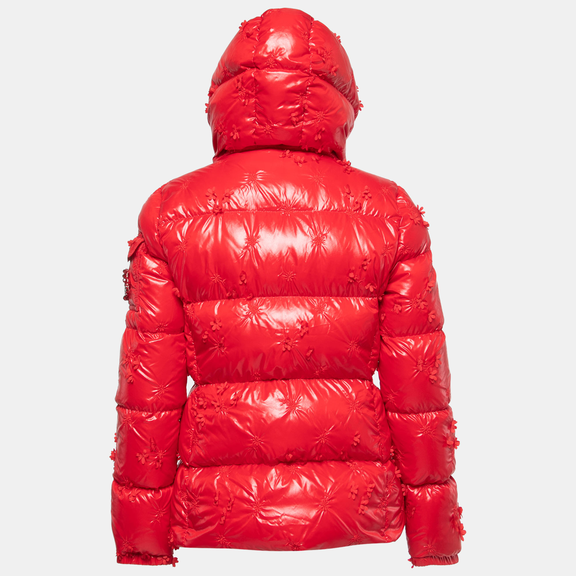

Moncler Red Nylon Floral Embroidery & Embellished Quilted Down Jacket