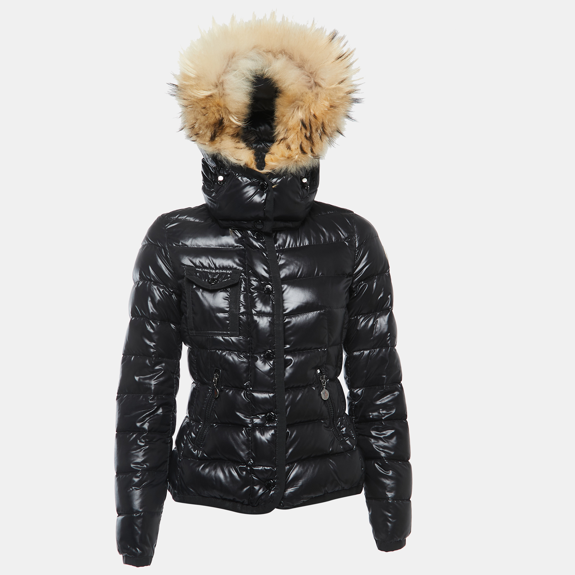 

Moncler Black Nylon Fur Trimmed Hood Quilted Down Jacket