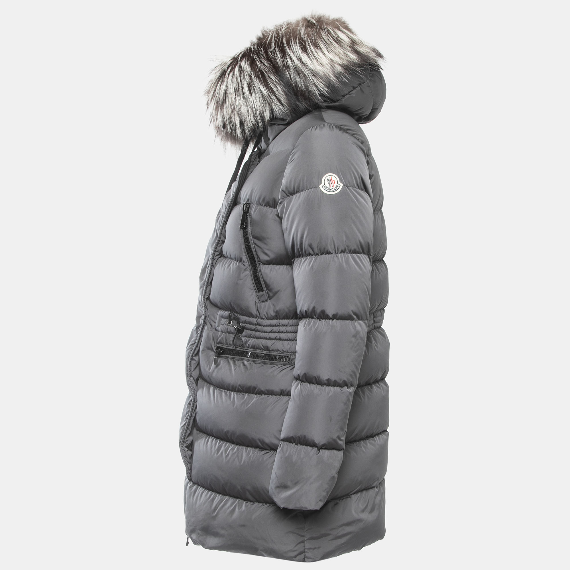 

Moncler Grey Quilted Nylon Zip Front Fur Trim Hooded Down Jacket