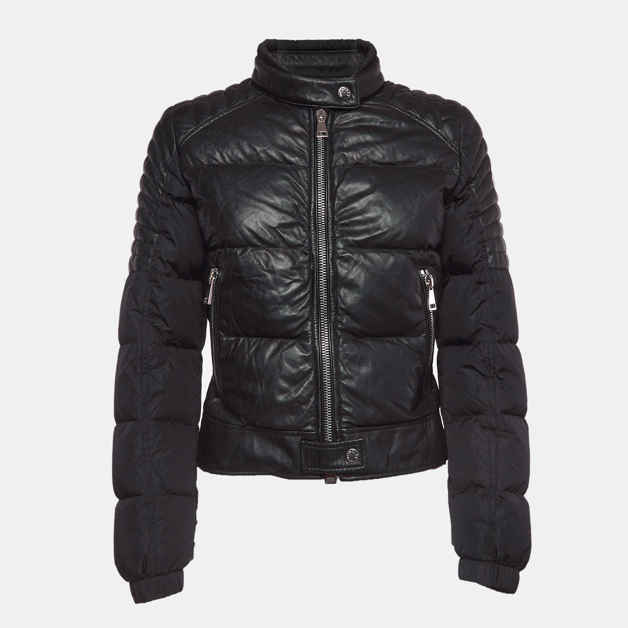 

Moncler Black Logo Applique Leather Trim Nylon Zipper Puffer Jacket