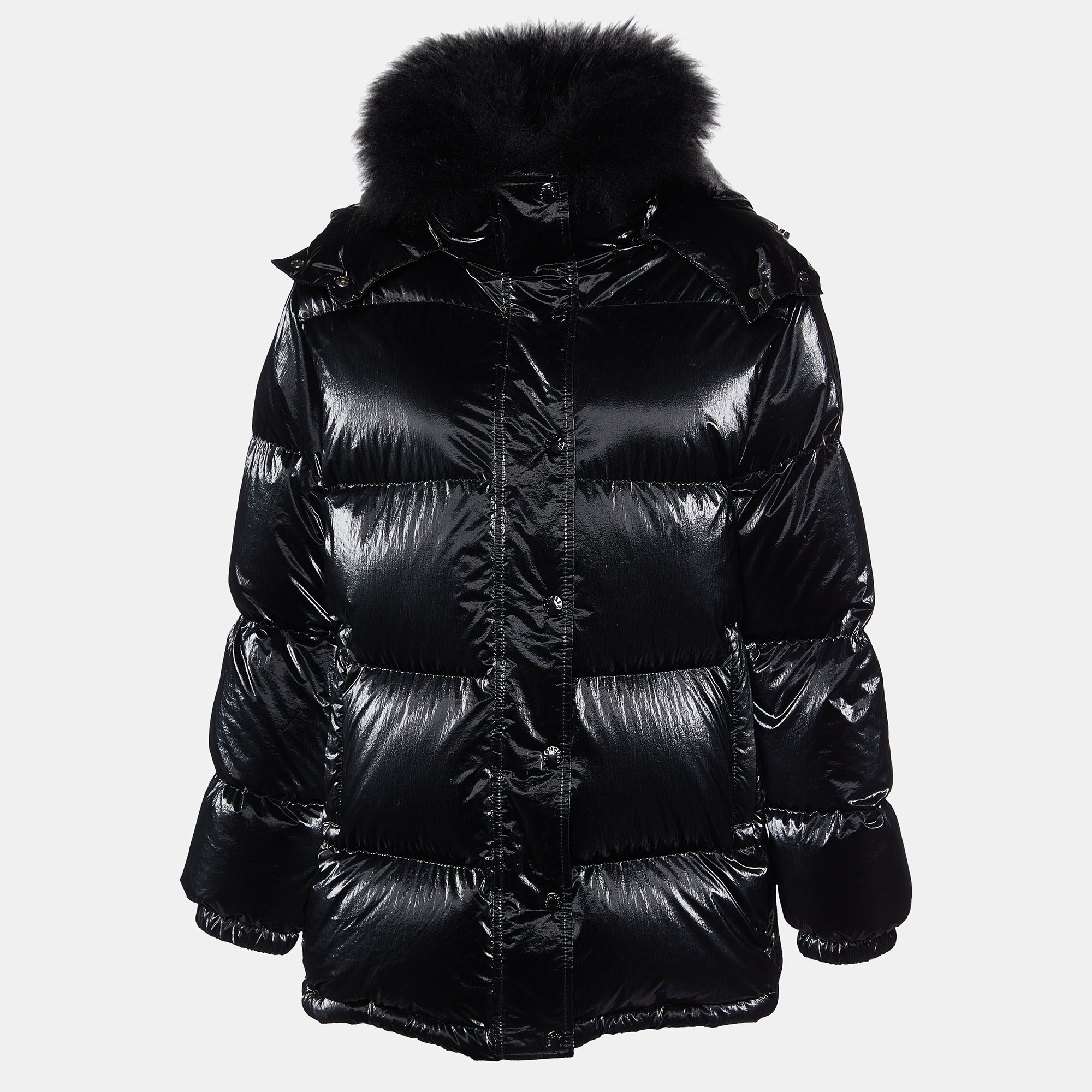 

Moncler Black Coated Nylon Fur Trim Hanau Short Down Jacket