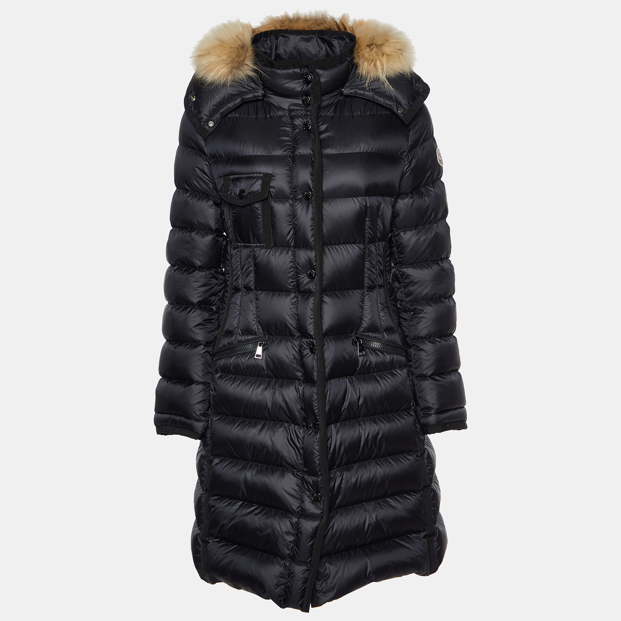 Pre-owned Moncler Black Down Fur Trim Hooded Hermifur Long Jacket L