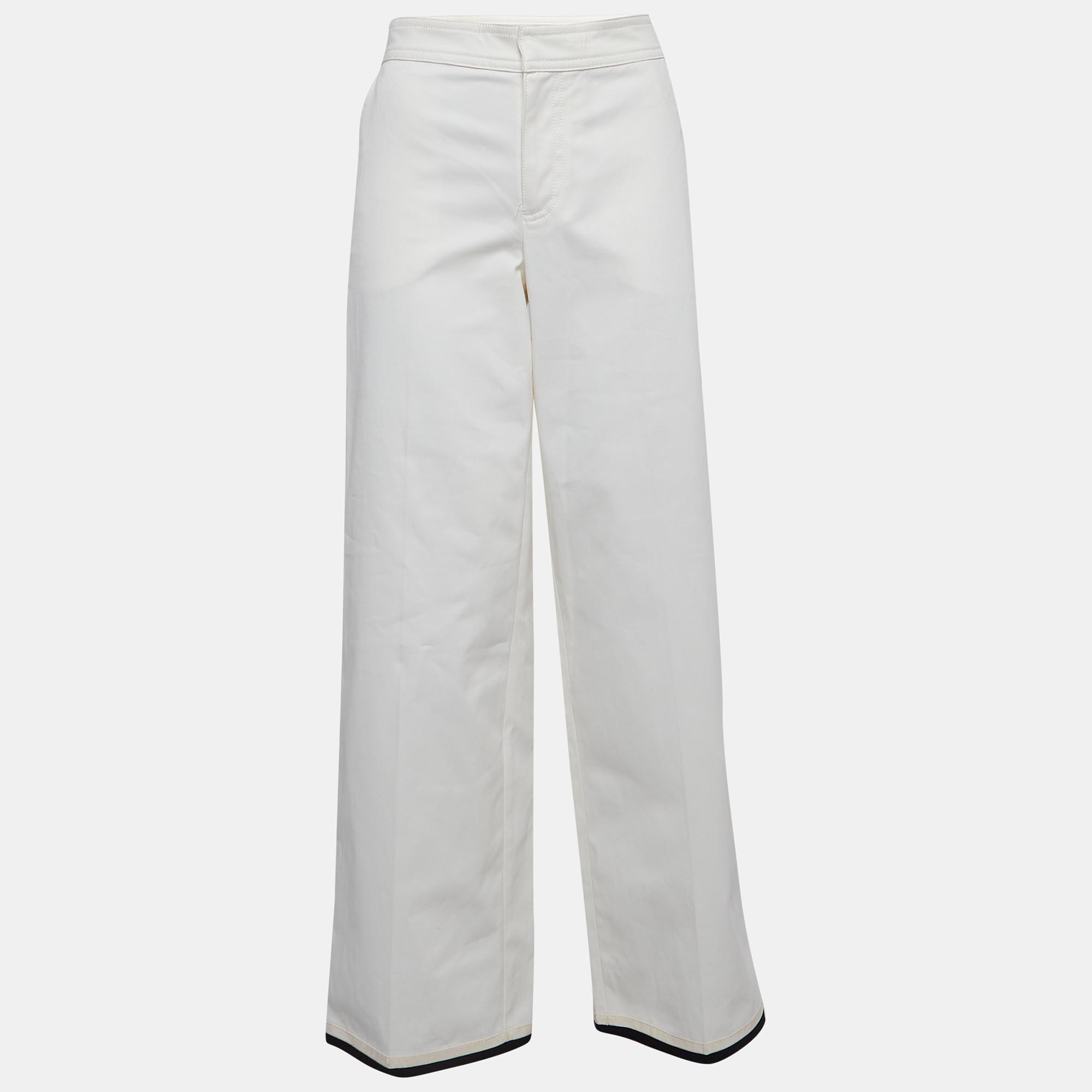 Pre-owned Moncler White Contrast Hem Trim Cotton Wide Leg Trousers M