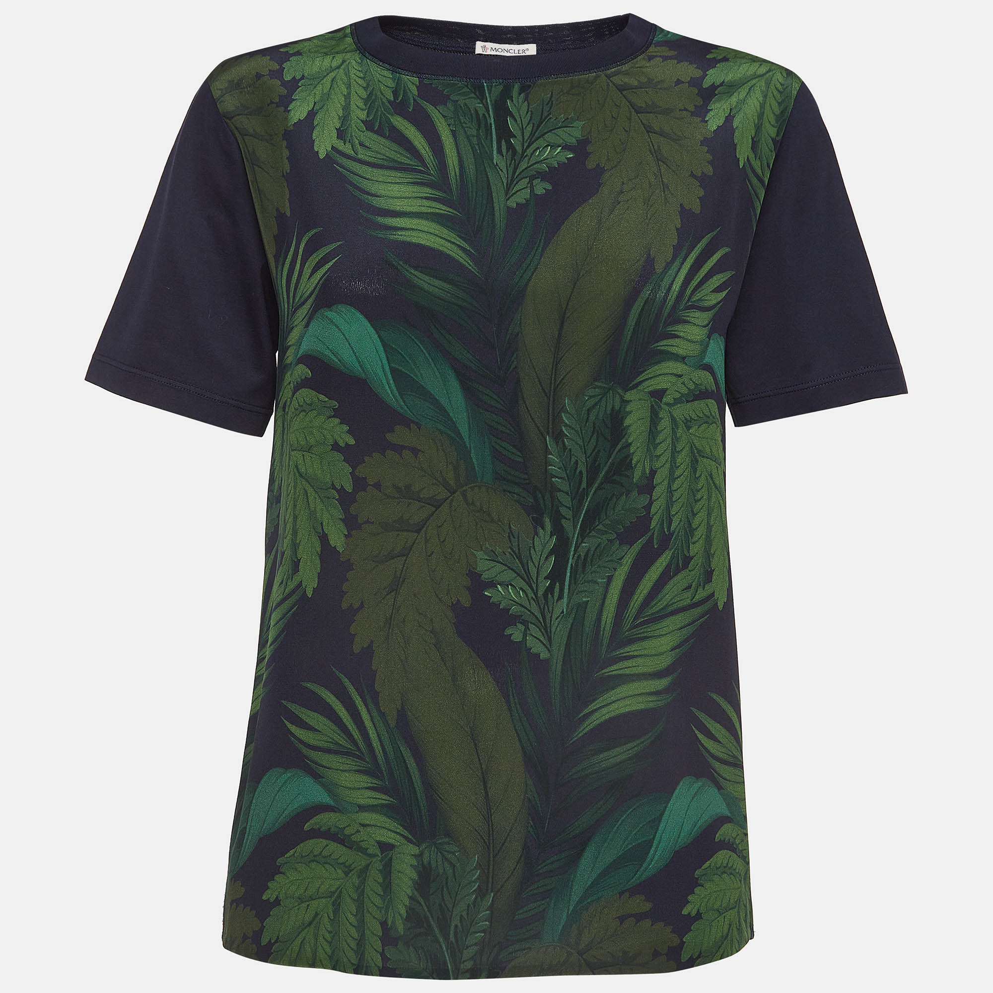 

Moncler Navy Blue Jungle Printed Silk And Cotton Knit Top XS