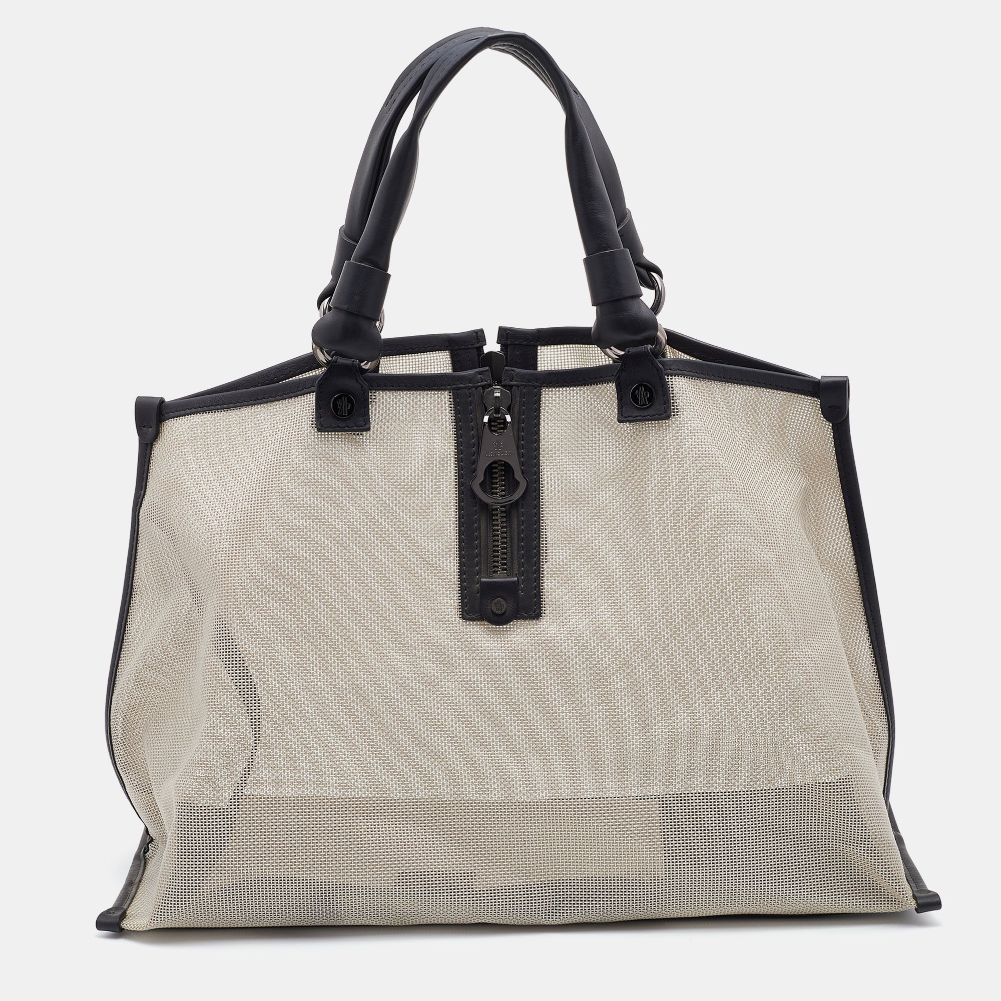 Pre Owned Moncler Grey/Black Mesh and Leather Tote