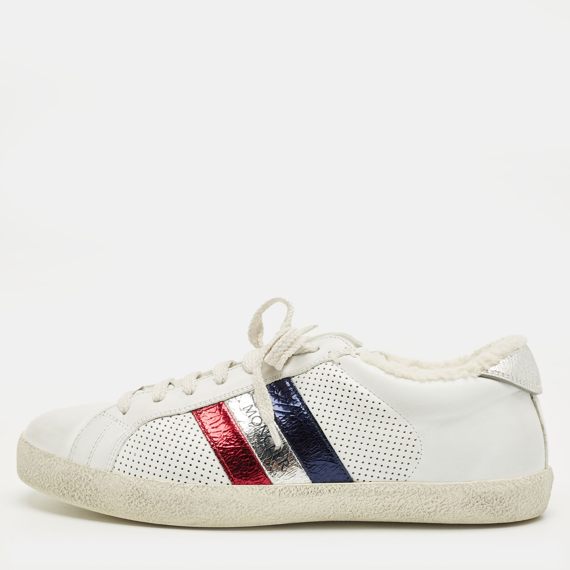 Pre-owned Moncler White Leather And Shearling Fur Ryegrass Lace Up Sneakers Size 39