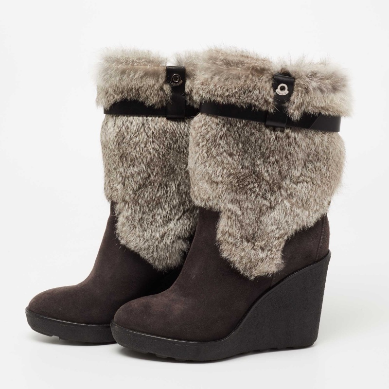 

Moncler Grey/Black Suede And Fur Wedge Ankle Boots Size