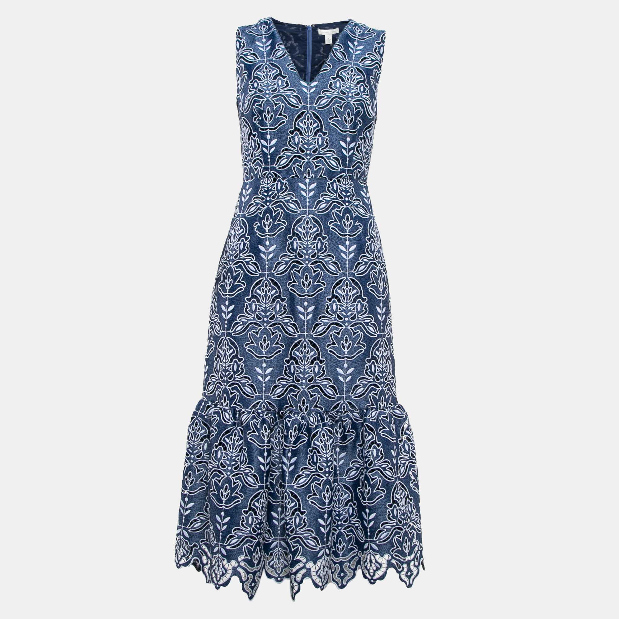 

ML Monique Lhuillier Blue Floral Lave Flounce Midi Dress XS