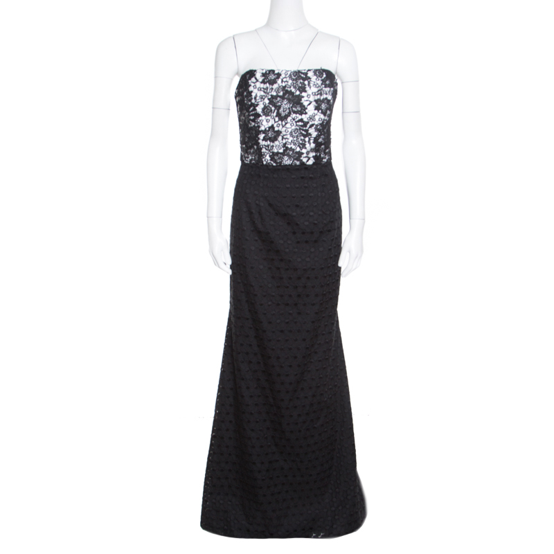 Monique Lhuillier Monochrome Floral Lace Bodice Detail Flared Strapless Gown L