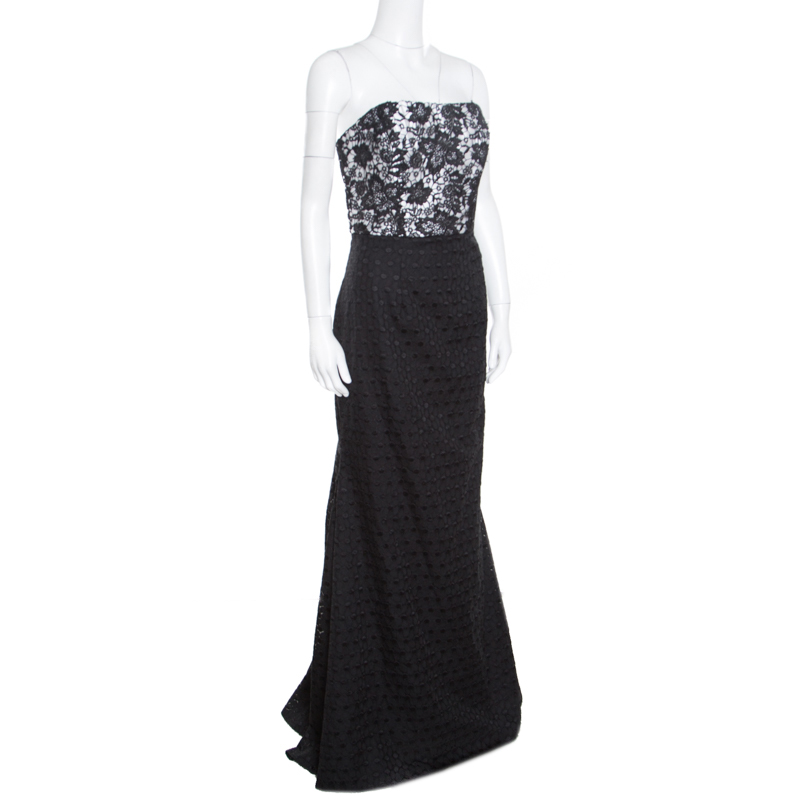 

Monique Lhuillier Monochrome Floral Lace Bodice Detail Flared Strapless Gown, Black