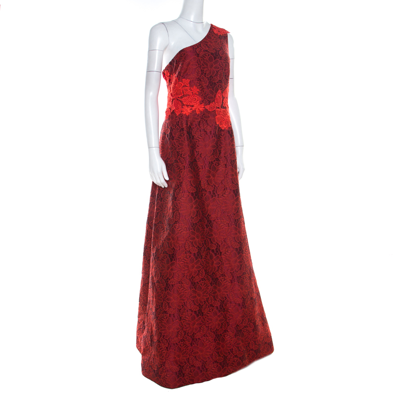 

Monique Lhuillier Red Lace & Jacquard One Shoulder Evening Dress