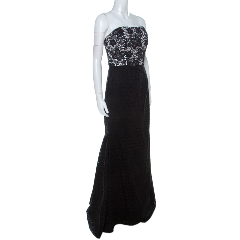 

Monique Lhuillier Monochrome Floral Lace Bodice Detail Flared Strapless Gown, Black