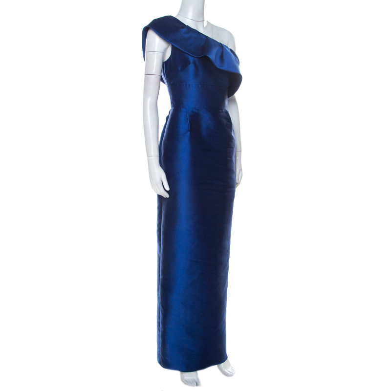 

Monique Lhuillier Royal Blue Satin Ruffled One Shoulder Gown