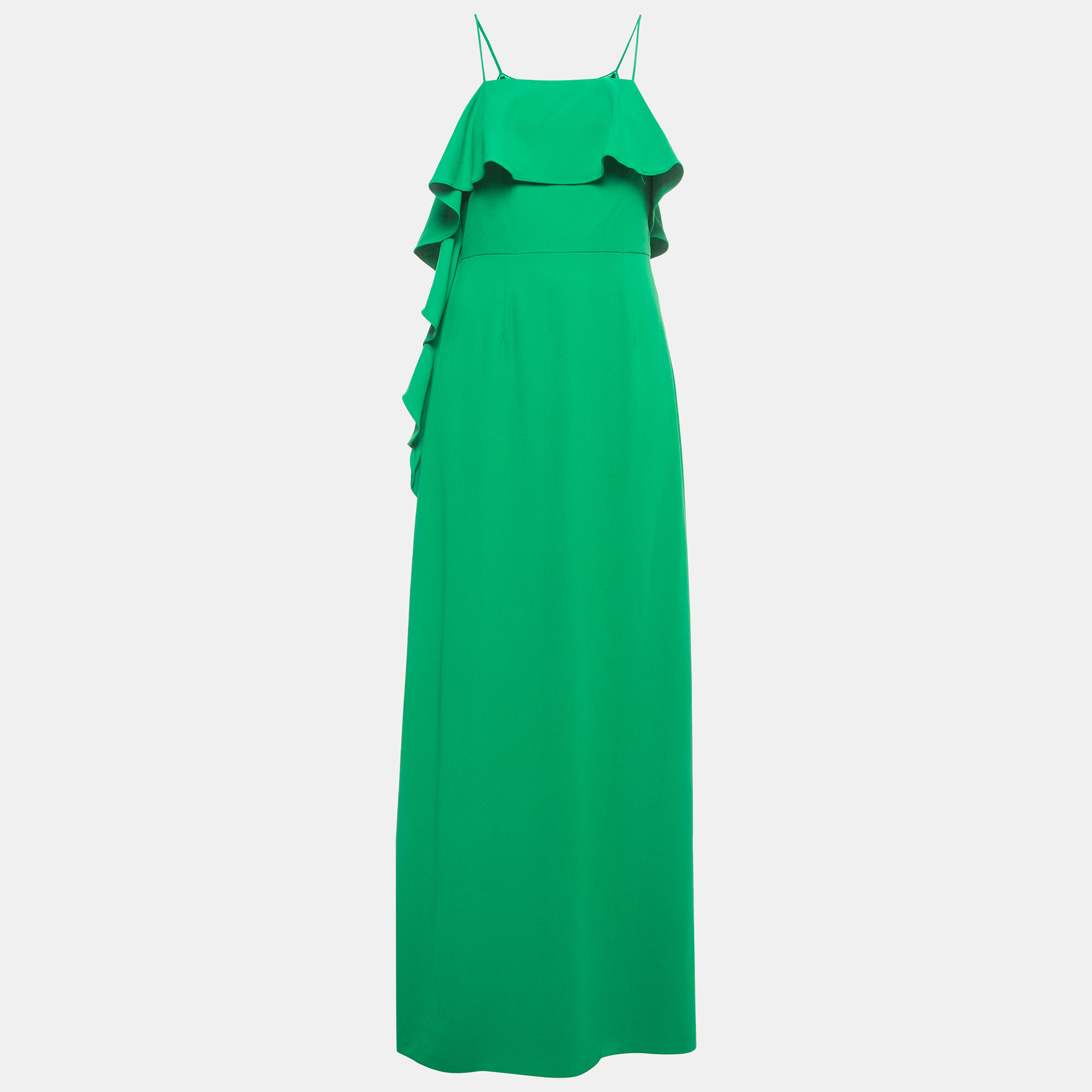 Pre-owned Monique Lhuillier ml By  Green Crepe Ruffled Long Dress M