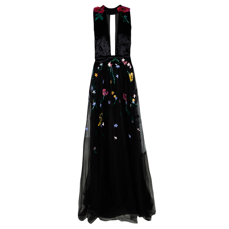 Monique Lhuillier Black Velvet Floral Applique Embroidered Embellished Tulle Gown XL