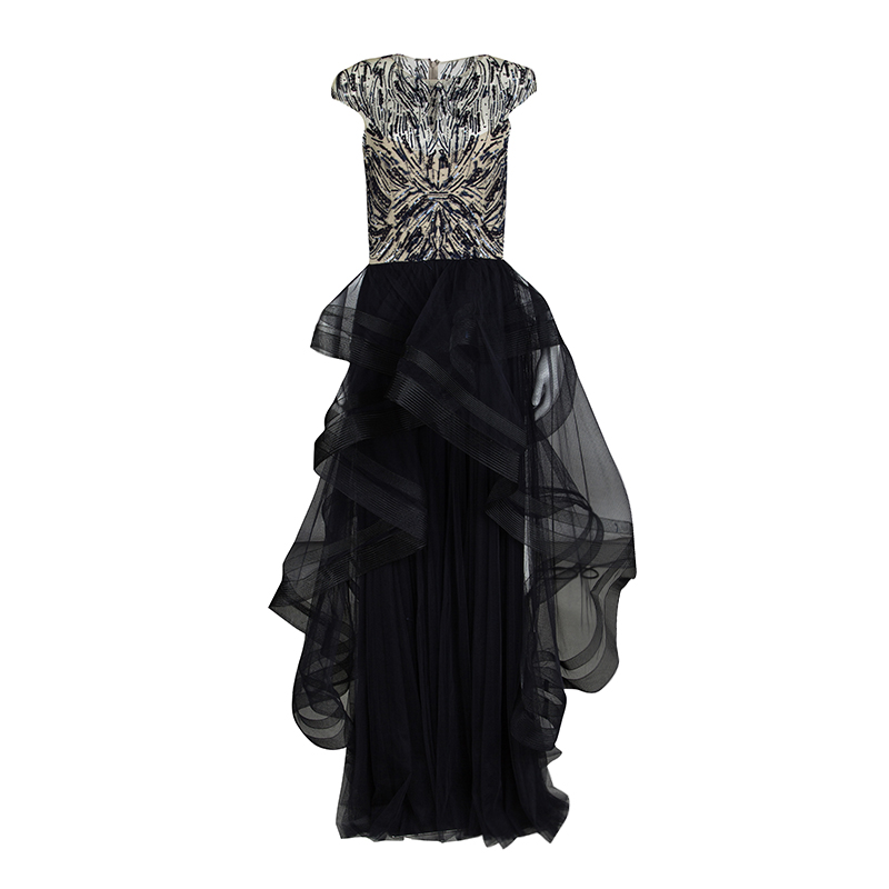 Monique Lhuillier Collection Navy Feather and Sequin Embellished Layered Tulle Gown M
