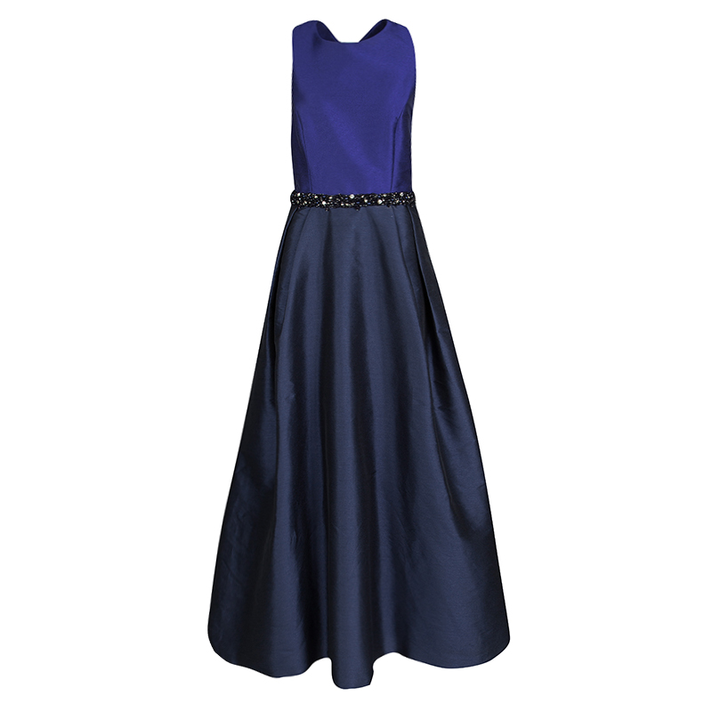 ML Monique Lhuillier Blue Cross Back Detail Embellished Gown M
