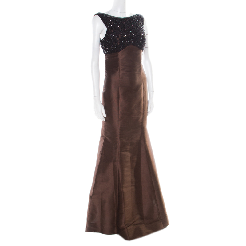 

ML by Monique Lhuillier Espresso Brown Contrast Bead Embellished Sleeveless Mermaid Gown